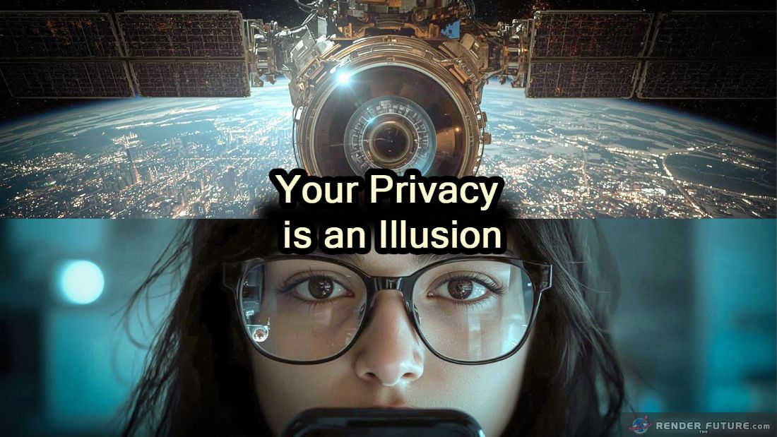 a sattelite above and a close up of a young woman staring directly into the camera