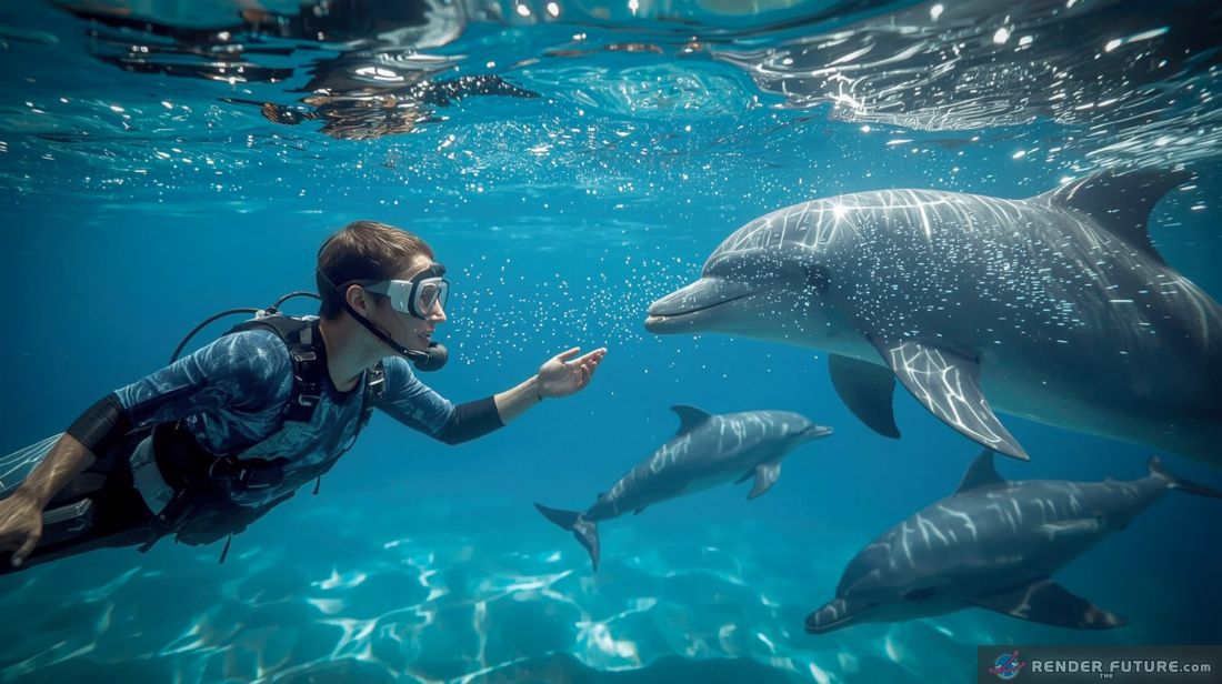 a serene underwater scene where a human diver clad in advanced sleek aquatic gear approaching a doplphin