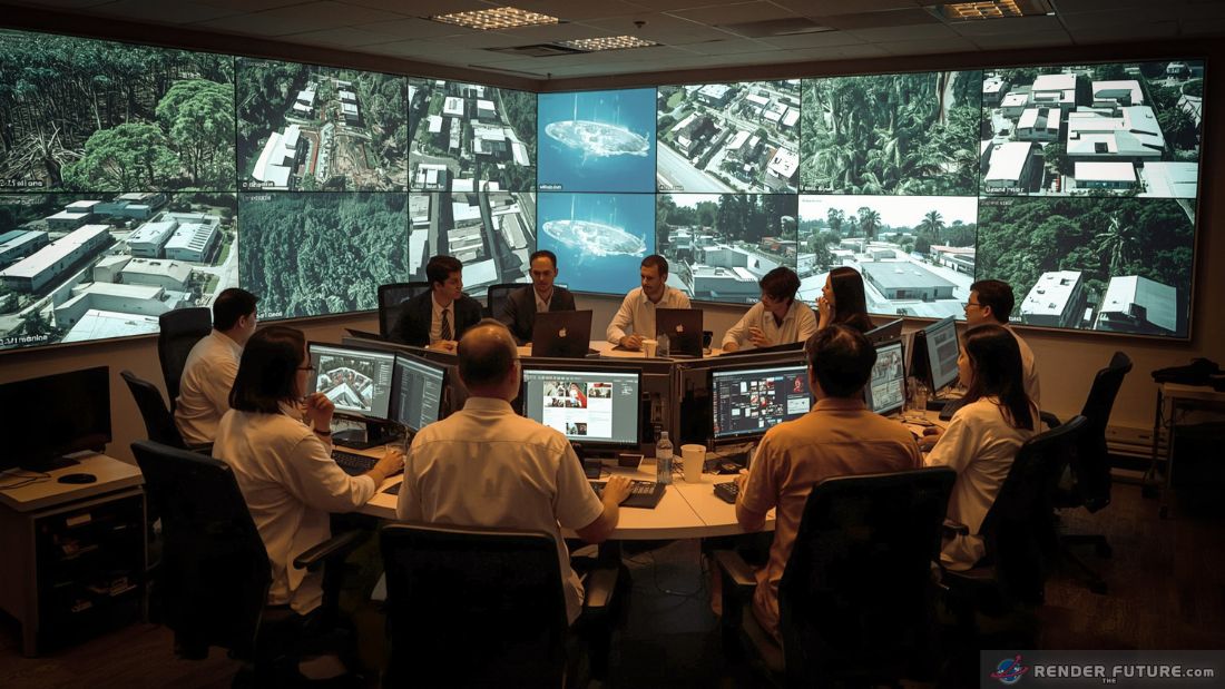 makeshift control center displays real time feeds of deforestation sites satellite image views