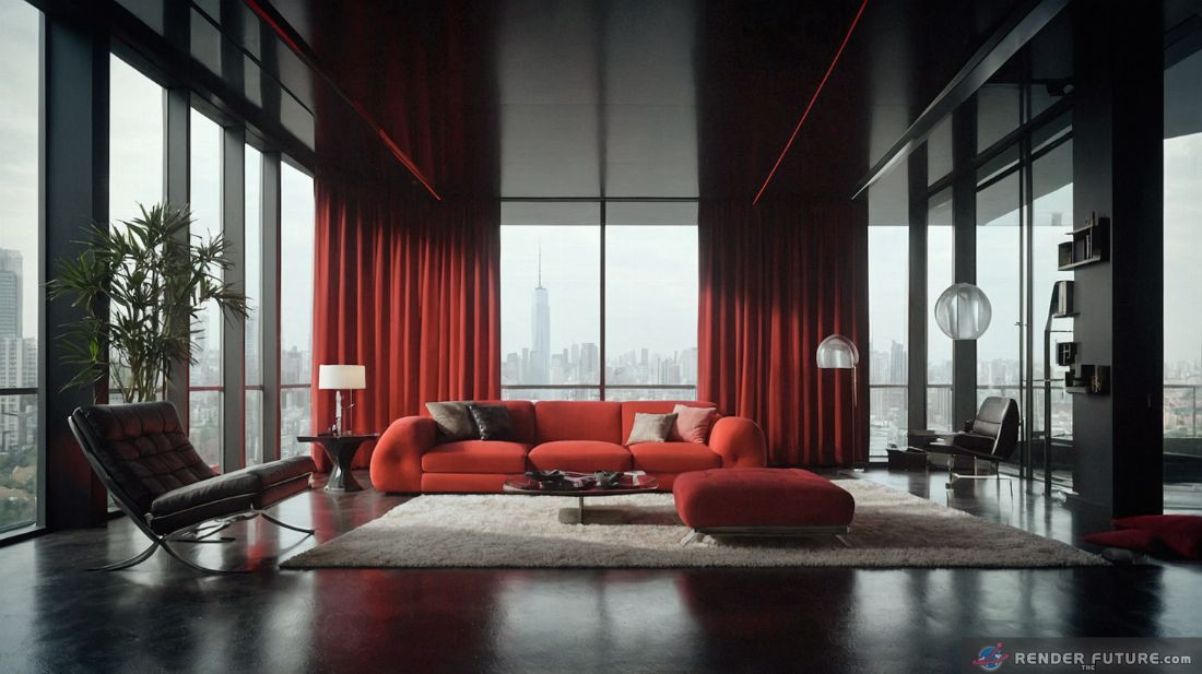 red color living room drapes and sofas