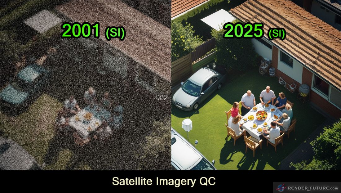 split image view from satellite above a residential area close up with people dining in the yard