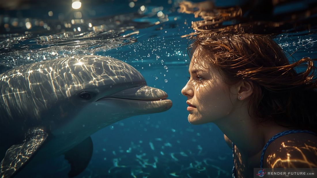 sunlight streams through crystal clear water illuminating a womans face as she locks eyes with a playful dolphin