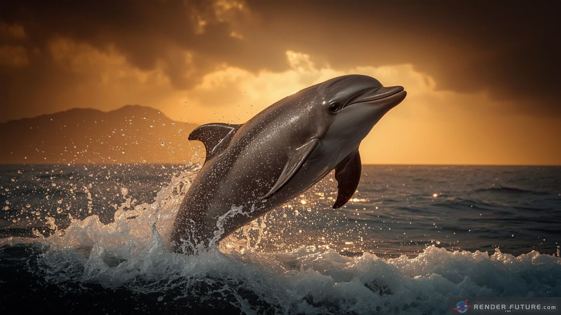 with explosive power a majestic dolphin its sleek wet skin glistening with dew jumps from the water