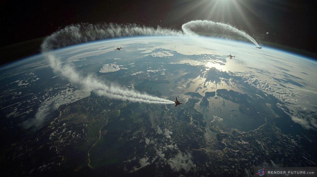 an aircraft is on duty crystalline dust is being sprayed into the upper atmosphere