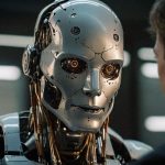 an artificial intelligence powered robot staring at the human during an interactive session