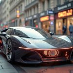 futuristic car with glowing quantum battery and graphene supercapacitors man on phone busy city street