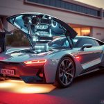 futuristic slim car with open hood shows fusion engine woman demos it on street glowing lights below
