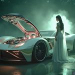 futuristic vehicle exposed nuclear fusion reactor engine glowing blue green night woman silver evening gown