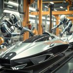 humanoid robots assemble sleek spaceship like cars with precision in high tech futuristic factory scene