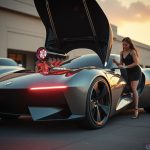 render the future prototype medium shot of futuristic car on street hood open as woman demos the d propulsion engine