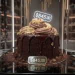 a close up of overpriced chocolate cake with 845.00 tag price