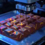 a robot arm precisely 3d prints a complex chocolate bar its surface swirling with vibrant trending colors