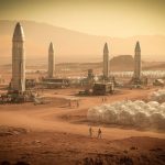 a sprawling mars colony under construction sprawls across the rust red terrain with sleek silver starships standing upright on launchpads