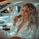 a stunning woman with porcelain skin vibrant blue eyes enjoying a chocolate bar