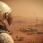 close up of an astronaut looking at the mars colony under construction under unwelcome weather conditions