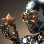 close up on humanoid robots face with optical sensors intently examining star shaped chocolate bonbon